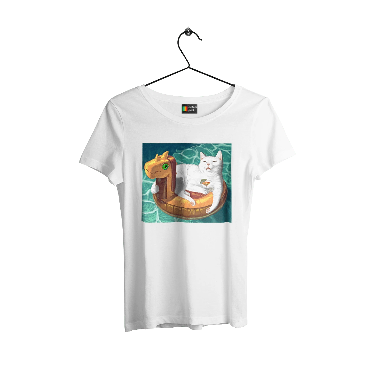 White cat in a swimming circle on vacation