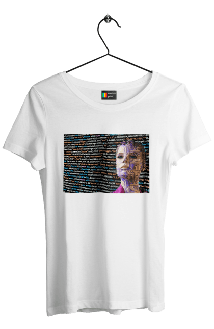 Футболка жіноча з принтом "Штучний Розум". Айті, айтішник, гик, жінка, знання, інженер, інтелект, кібер, кібернетика, кіборг, код, комп, комп`ютерник, кристал, машинне навчання, мікросхема, мозок, портрет, програміст, професіонал, професія, розробник, розум, світиться, світло, хакер, чіп, штучний інтелект, штучний розум. 2070702