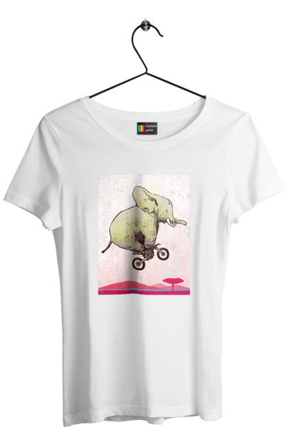 Футболка жіноча з принтом "Слон На Мотоциклі". Мотоцикл, політ, слон. 2070702