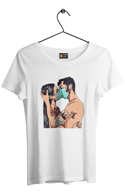 Women`s t-shirt with prints Coronavirus Love. Coronavirus, kiss, love, mask, quarantine. 2070702