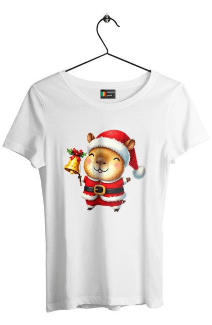 Women's t-shirt with prints Funny capybara with a bell. Animal, bell, capybara, christmas, christmas capybara, gift, holiday, new year, new year`s gift, santa. 2070702