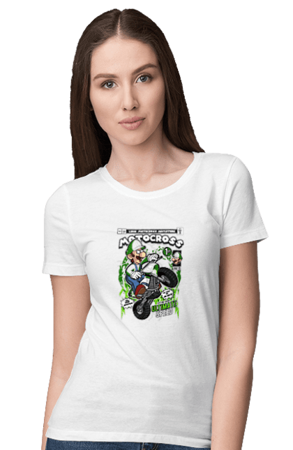 Футболка жіноча з принтом "Luigi Motocross". Nintendo, playstaion, автомобіль, гра, зелений маріо, луїджі, маріо. Funkotee