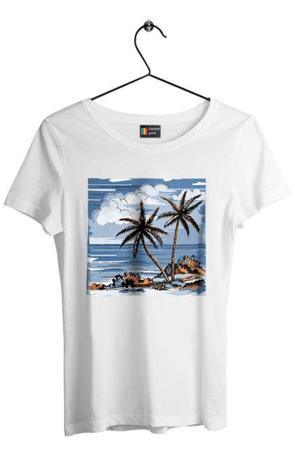 Women`s t-shirt with prints Palm Trees And Sky. Clouds, palm trees, sea, sky. 2070702