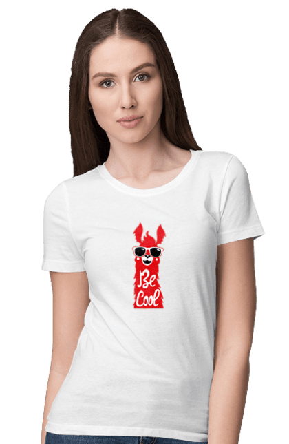 Футболка женская с принтом Крутая лама. Животные, звери, круто, крутое, лама, очки. 2070702