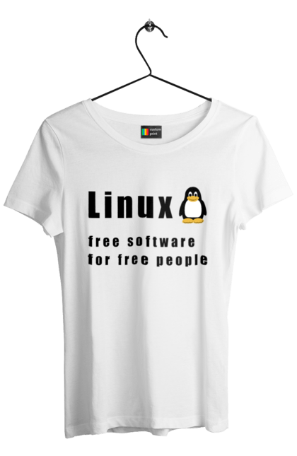 Футболка жіноча з принтом "Linux Вільний Для Вільних". Linux, адміністратор, айті, айтішник, безкоштовна, безкоштовно, вільна, доступність, незалежність, операційна система, ос, пінгвін, програміст, програмне забезпечення, свобода, сервер, сисадмін, система, системний адміністратор, софт, текст, чорний. 2070702