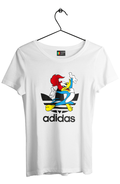 Футболка женская с принтом Adidas Вуди Вудпекер. Adidas, woody woodpecker, адидас, вуди, вуди вудпекер, дятел вуди, мультсериал. 2070702