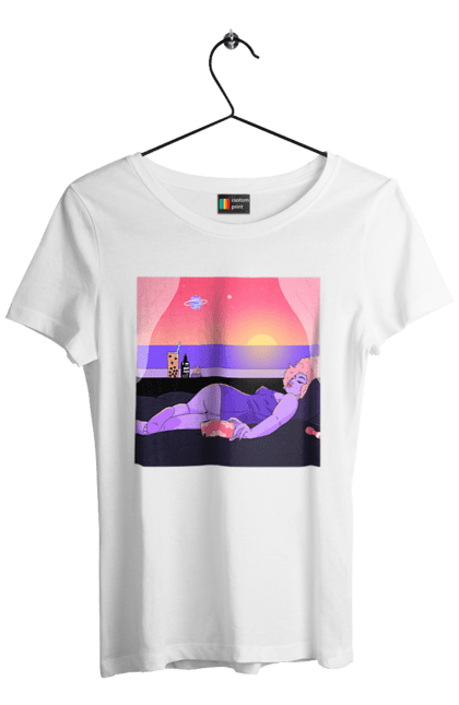 Women`s t-shirt with prints Purple Girl On Vacation. Girl, sunset, telephone. 2070702