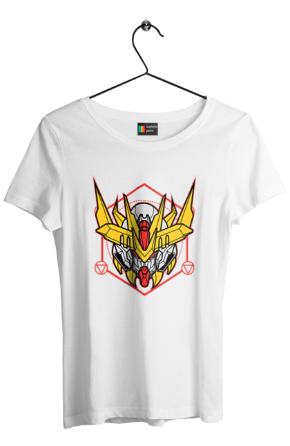 Women's t-shirt with prints Gundam Barbatos Lupus Rex. Anime, asw g 08, barbatos lupus rex, game, gundam, manga, robot, video game, war. 2070702