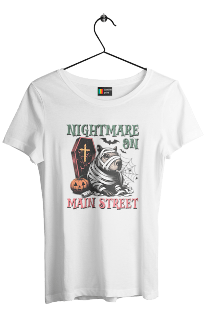 Women's t-shirt with prints Capybara Halloween. Animal, capybara, ghost, halloween, holiday, moon, mummy, pumpkin, rodent. 2070702