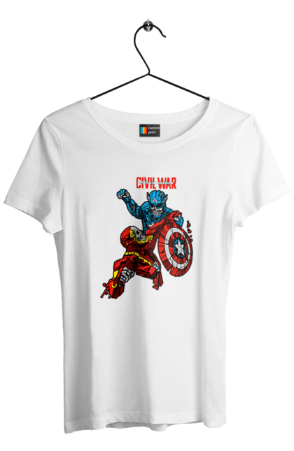 Футболка женская с принтом Железный человек vs Капитан Америка. Captain america, civil war, iron man, marvel, marvel comics, железный человек, капитан америка, марвел, мстители, тони старк. 2070702