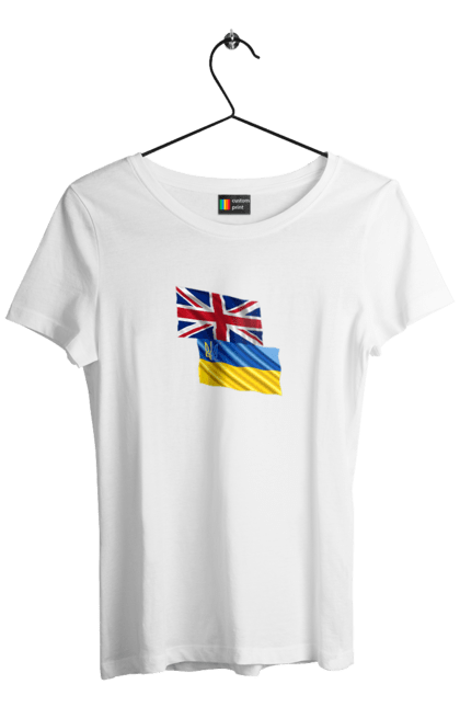 Women`s t-shirt with prints Flag United Kingdom, Flag Ukraine, Support Ukraine. Flag united, flag united kingdom, global peace, great britain, kiev, national colors, national team, peace for ukraine, proud grandpa, support ukraine, ukraine, ukraine flag, ukraine war, united kingdom, war, zelensky. 2070702