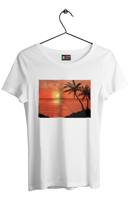 Футболка жіноча з принтом "Захід Пальми Море". Берег, захід, море, пальми. 2070702