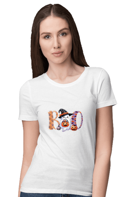 Women's t-shirt with prints Halloween Ghost. Costume, ghost, halloween, holiday, october, october 31, scary, sweets, trick or treat. 2070702