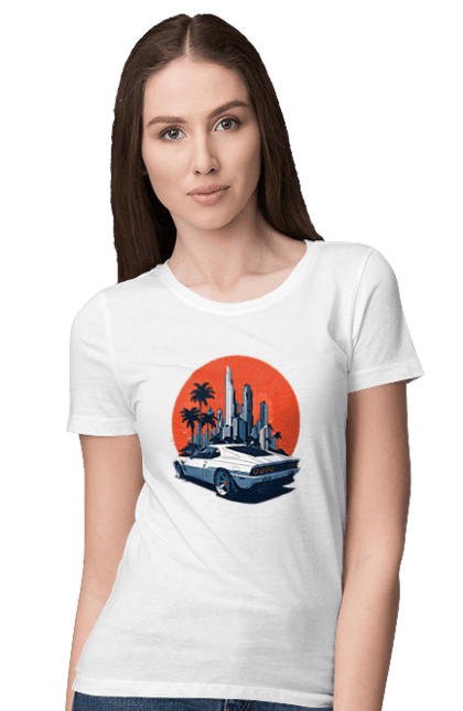 Футболка жіноча з принтом "Авто". Гонка, захід сонця, спортивний автомобіль, швидкість. 2070702