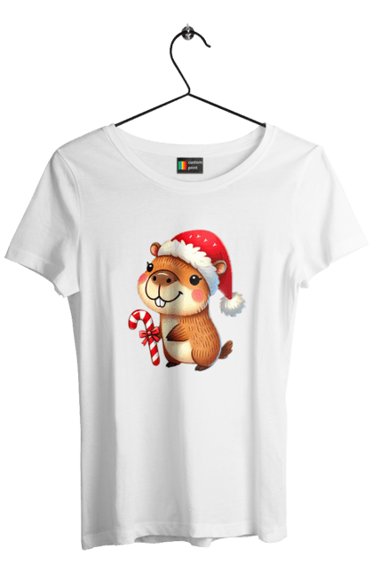 Women's t-shirt with prints Capybara with Christmas Candy. Animal, capybara, christmas, christmas capybara, gift, holiday, lollipop, new year, new year`s gift, santa. 2070702