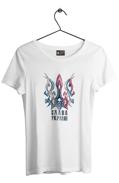 Футболка жіноча з принтом "Тризуб слава Україні кольоровий". Воля, свобода, слава україні, тризуб, тризуб слава україні, україна, я українець. 2070702