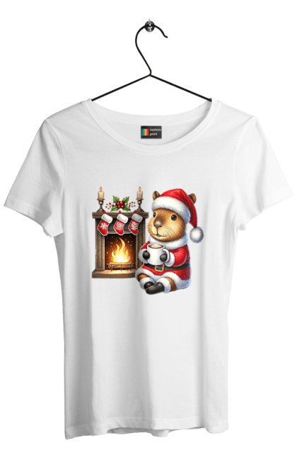 Women's t-shirt with prints Capybara by the fireplace with hot chocolate. Animal, capybara, christmas, christmas capybara, fireplace, gift, holiday, hot chocolate, new year, santa. 2070702