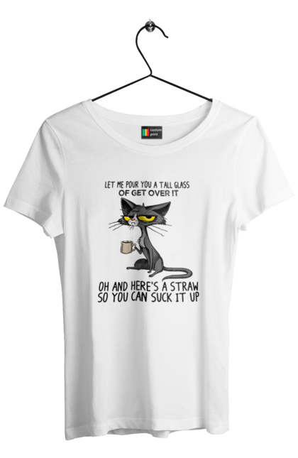 Футболка жіноча з принтом "Як це пережити?". Велика склянка, випий, все відмінно, йди нахуй, кіт і кухоль, налий, роздум, смоктати, як це подолати. 2070702
