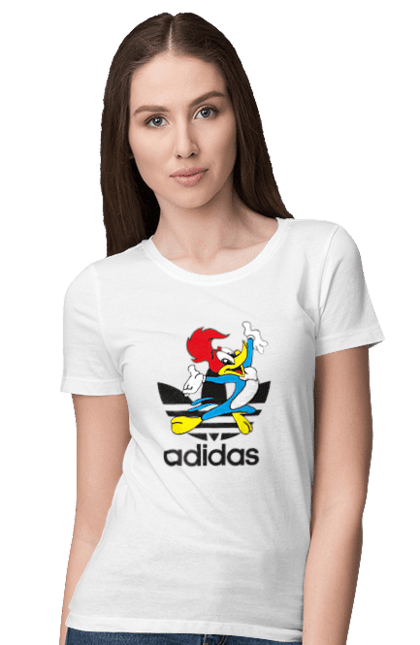 Футболка женская с принтом Adidas Вуди Вудпекер. Adidas, woody woodpecker, адидас, вуди, вуди вудпекер, дятел вуди, мультсериал. 2070702