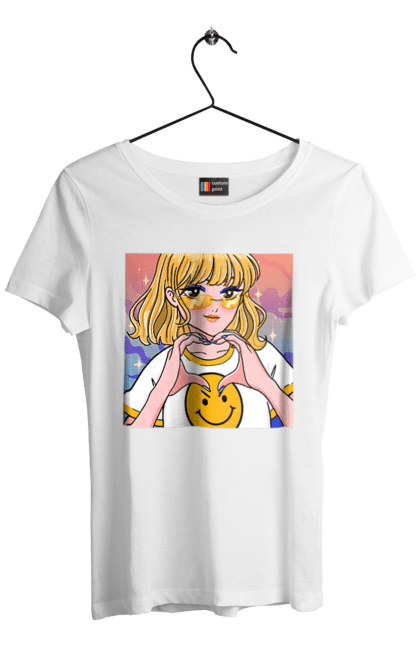 Футболка жіноча з принтом "Жовта Дівчинка". Аніме, дівчинка, смайл. 2070702