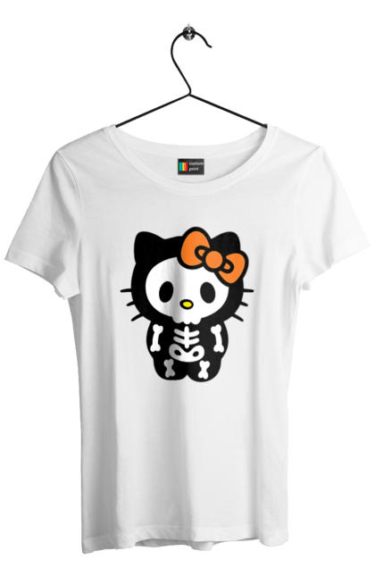 Футболка жіноча з принтом "Хелло Кітті Хелловін". Halloween, hello kitty, zombie, бренд, зомбі, кошеня, персонаж, скелет, хелло кітті, хелловін. 2070702