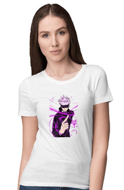 Women's t-shirt with prints Jujutsu Kaisen Gojo. Anime, dark fantasy, gojo, jujutsu kaisen, magic battle, manga, mystic. 2070702