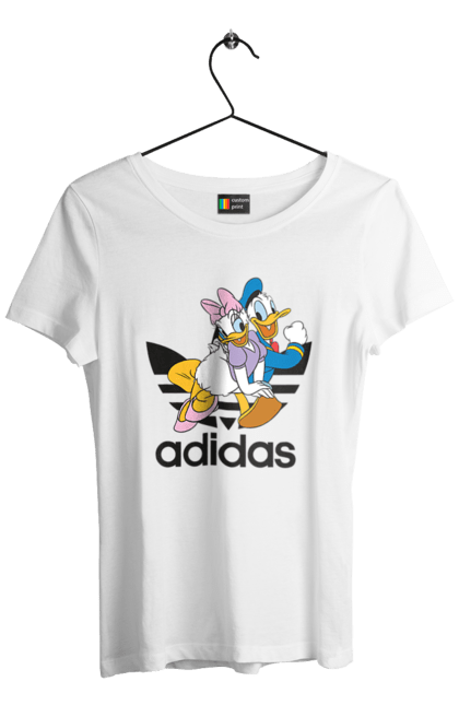 Футболка женская с принтом Adidas Дональд Дак. Adidas, daisy duck, donald duck, адидас, дейзи дак, дональд дак, мультсериал, мультфильм. 2070702