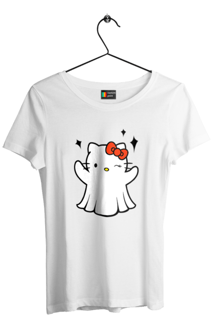 Women's t-shirt with prints Hello Kitty Halloween. Brand, cat, character, ghost, halloween, hello kitty, kitten, kitty. 2070702