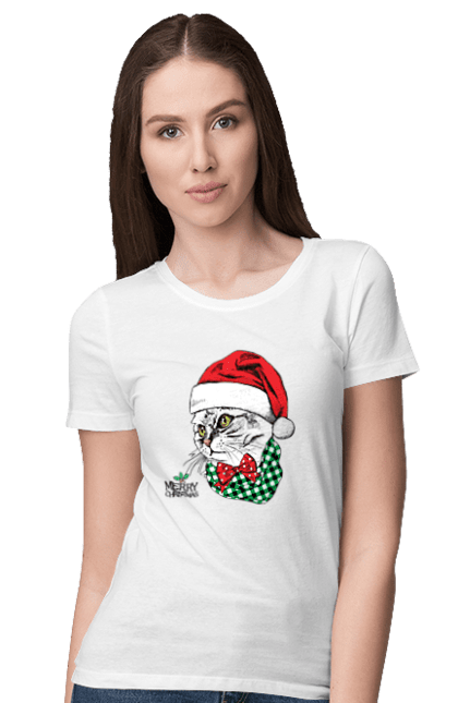 Футболка жіноча з принтом "Новорічний кіт, щасливого Різдва". Зима, кіт, новий рік, різдво, сніг, щасливого різдва. CustomPrint.market
