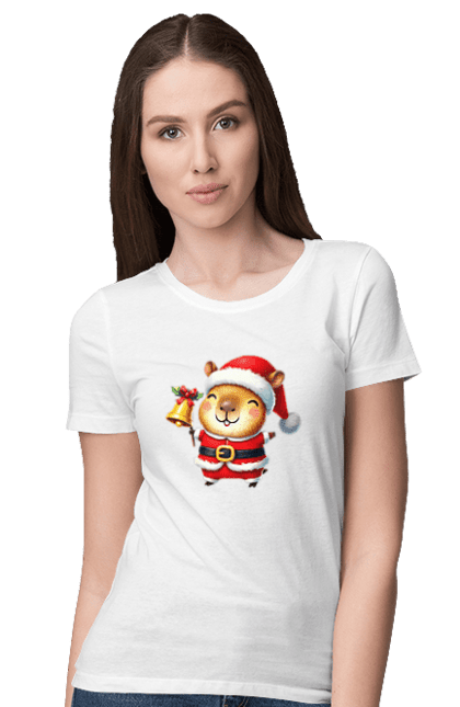 Women's t-shirt with prints Funny capybara with a bell. Animal, bell, capybara, christmas, christmas capybara, gift, holiday, new year, new year`s gift, santa. 2070702