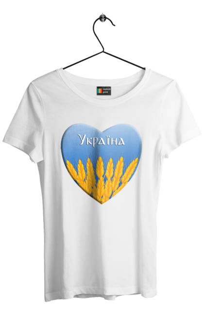 Футболка жіноча з принтом "Серце з колосками Україна". Воля, колоски, небо, перемога, прапор україни, пшениця, серце, символ україни, україна. 2070702