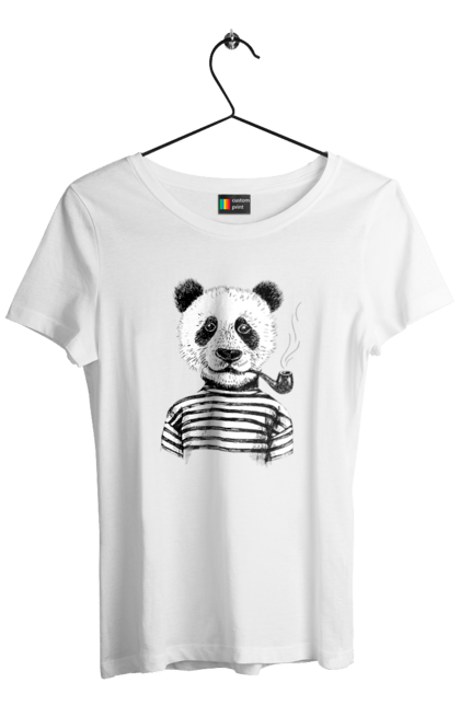 Women's t-shirt with prints Panda In Sailor Smoking A Pipe. Panda, sailor, smoke, tube. CustomPrint.market