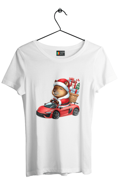 Women's t-shirt with prints Christmas Capybara with a Gift. Animal, capybara, car, christmas, christmas capybara, gift, holiday, new year, new year`s gift, santa. 2070702