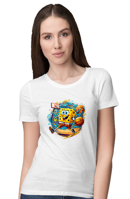 Футболка жіноча з принтом "Губка Боб". Spongebob, баскетбол, губка боб, м`яч, мультик, мультсеріал, спанч боб, спорт. 2070702