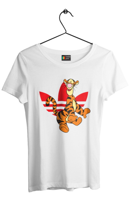 Футболка женская с принтом Adidas Тигра. Adidas, tigger, winnie-the-pooh, адидас, винни пух, мультсериал, тигр, тигра. 2070702