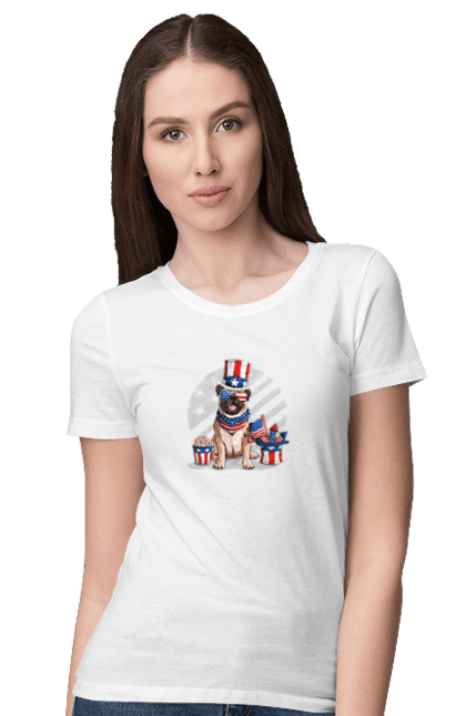 Футболка жіноча з принтом "Мопс Америка". Beige pug, mops, америка, американський прапор, мопс, пес, собака. CustomPrint.market