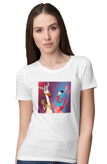 Футболка жіноча з принтом "Жираф І Фламінго На Вечірці". Жираф, їжа, коктейль, фламінго. 2070702