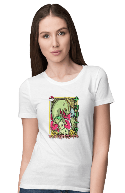 Women's t-shirt with prints Pokemon Chikorita. Anime, chikorita, games, nintendo, pokemon, pokemon go. 2070702