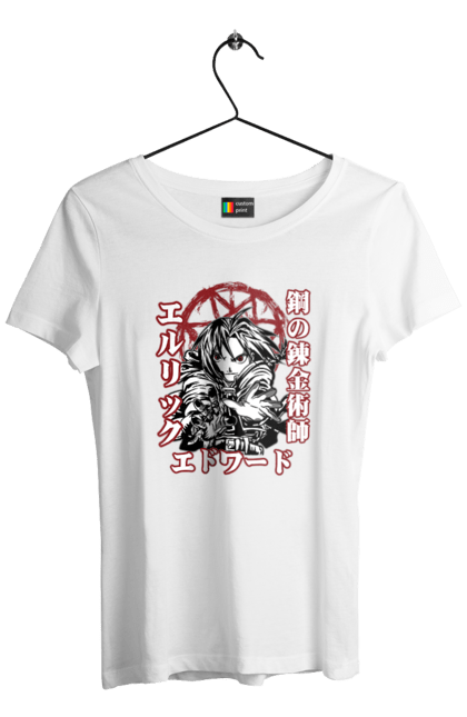 Women's t-shirt with prints Fullmetal Alchemist Edward Elric. Adventures, anime, comedy, edward, edward elric, elric, fullmetal alchemist, manga, steampunk. 2070702