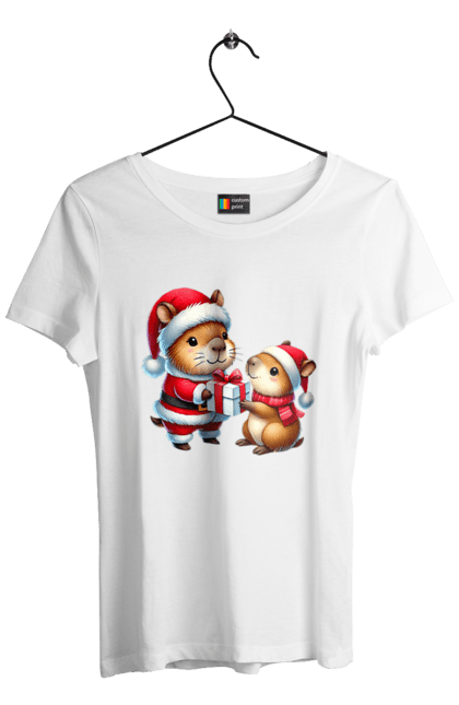 Women's t-shirt with prints Christmas Capybara with a Gift. Animal, capybara, christmas, christmas capybara, gift, holiday, new year, new year`s gift, santa. 2070702