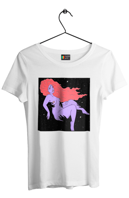 Футболка жіноча з принтом "Фіолетова Дівчина В Чорній Дирі". Дівчина, лапають. 2070702