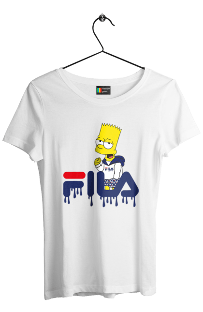 Футболка женская с принтом Барт FILA. Bart, simpsons, барт, мультфильм, симпсоны, спорт, спортивная одежда. 2070702