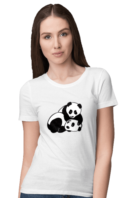 Футболка жіноча з принтом "Two Pandas". Ведмедик, веселий, двоє, куметний, любов, обійма, панда, прінт, тварини. CustomPrint.market