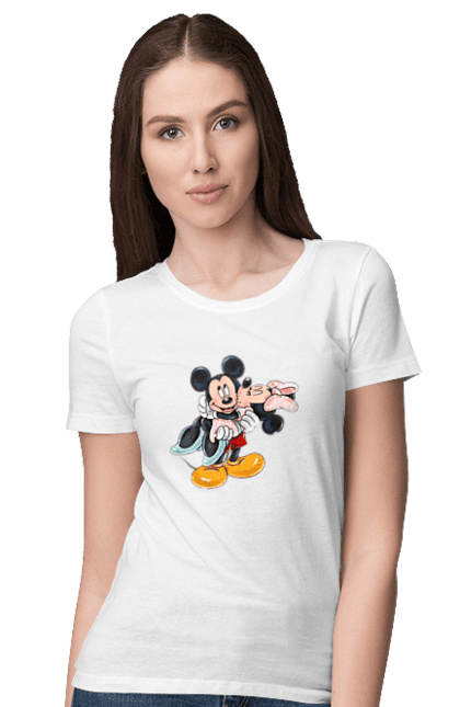 Футболка женская с принтом Микки Маус и Минни Маус. Mickey mouse, minnie mouse, дисней, микки, микки маус, минни маус, мультфильм. 2070702