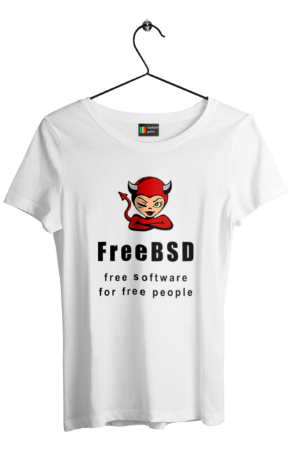 Футболка жіноча з принтом "Freebsd Для Вільних". Bsd, freebsd, unix, адміністратор, айті, айтішник, безкоштовна, безкоштовно, бестія, вільна, демон, демонесса, доступність, незалежність, операційна система, ос, програміст, програмне забезпечення, свобода, сисадмін, система, системний адміністратор, софт, текст, червоний, чорний. 2070702