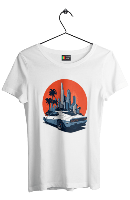 Футболка жіноча з принтом "Авто". Гонка, захід сонця, спортивний автомобіль, швидкість. 2070702