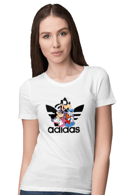 Футболка женская с принтом Adidas Микки Маус. Adidas, mickey mouse, адидас, дисней, микки, микки маус, мультфильм. 2070702