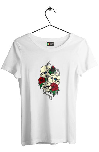 Футболка жіноча з принтом "Черепа з трояндами". Зуби, квіти, кістки, листя, очі, троянда, троянди, череп, шипи. 2070702