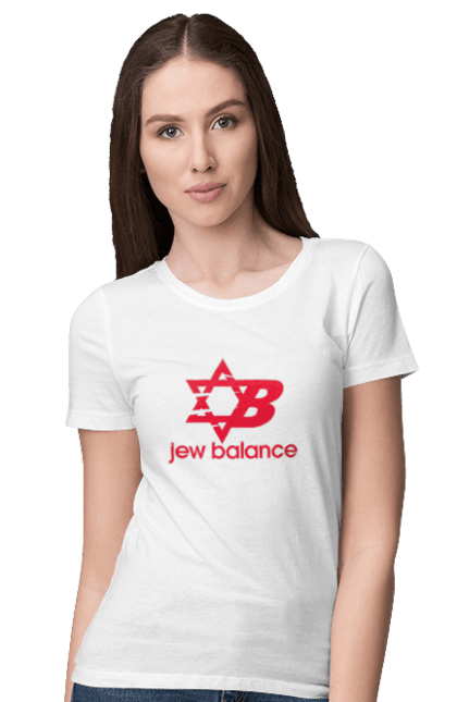 Футболка жіноча з принтом "Jew Balance Red". New balance, гумор, еврейські, жарти, жартівливі, літні, прикольні, червоний. 2070702