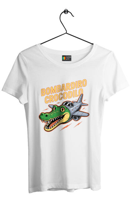Футболка жіноча з принтом "Bombardino Crocodilo". Bombardino, bombardino crocodilo, crocodilo, бомбардиро крокодило, бомбардіно крокоділо, крокодил, крокодил літак, крокодил мем, мем бомбардине крокодило, меми. 2070702
